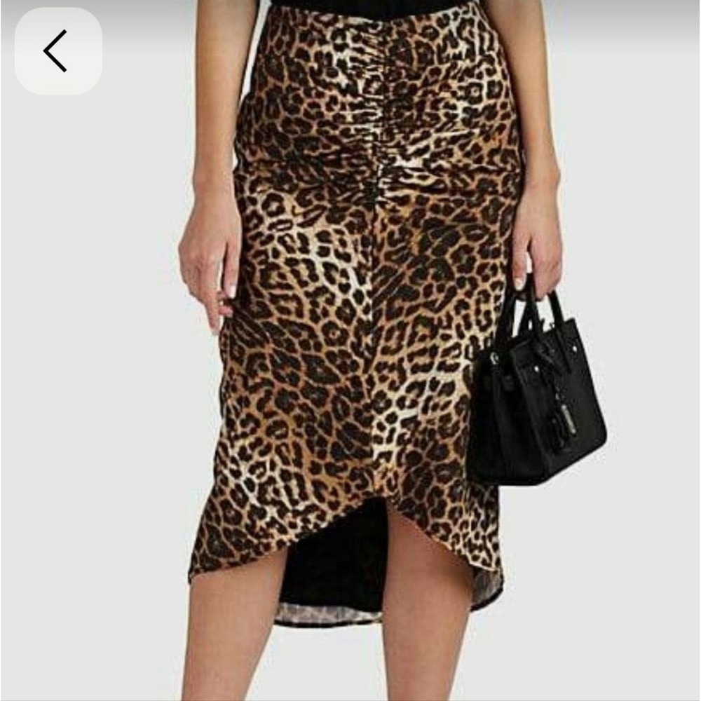FiveSeventyFive Ruched Midi Skirt Womens M Brown Leopard Print High Low Ruched